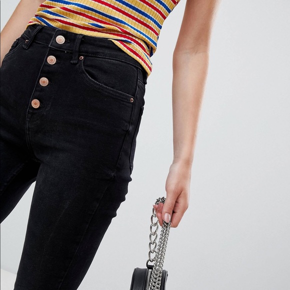 BERSHKA BUTTON FLY BLACK SKINNY JEAN - Picture 1 of 13